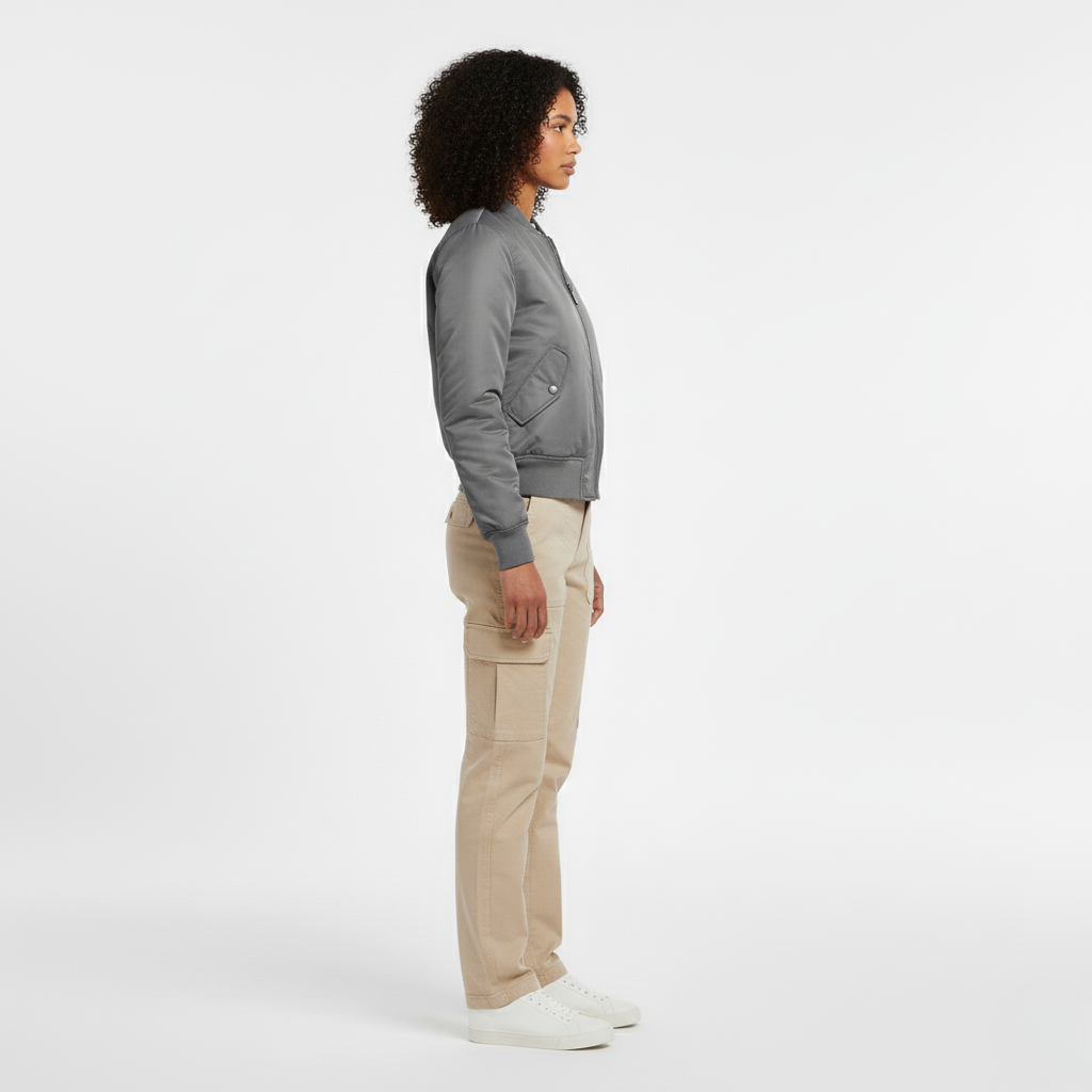 Side view of a grey cropped bomber jacket with ribbed cuffs and flap pocket