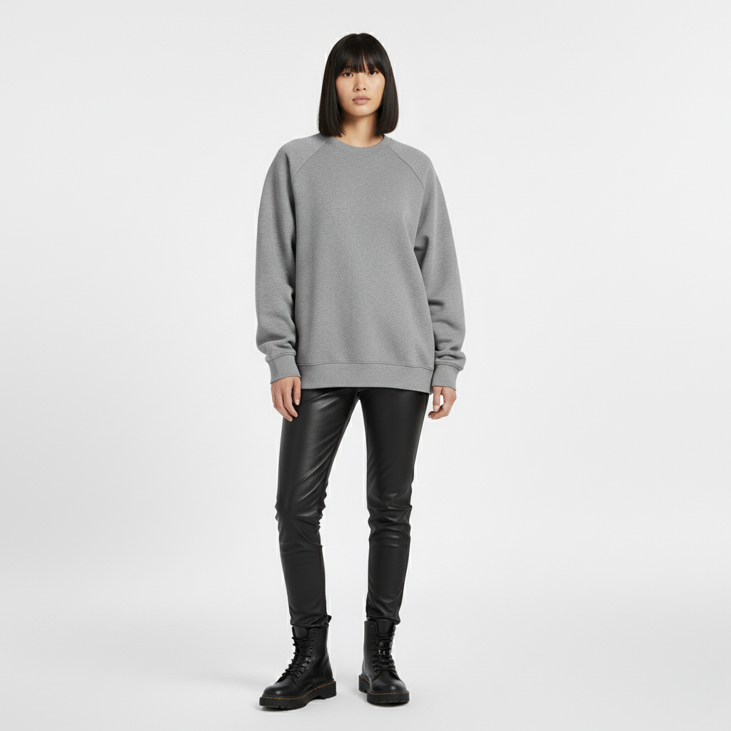 Grey oversized crew neck sweatshirt with raglan sleeves, front view