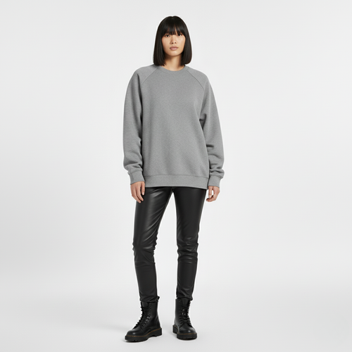 Grey oversized crew neck sweatshirt with raglan sleeves, front view