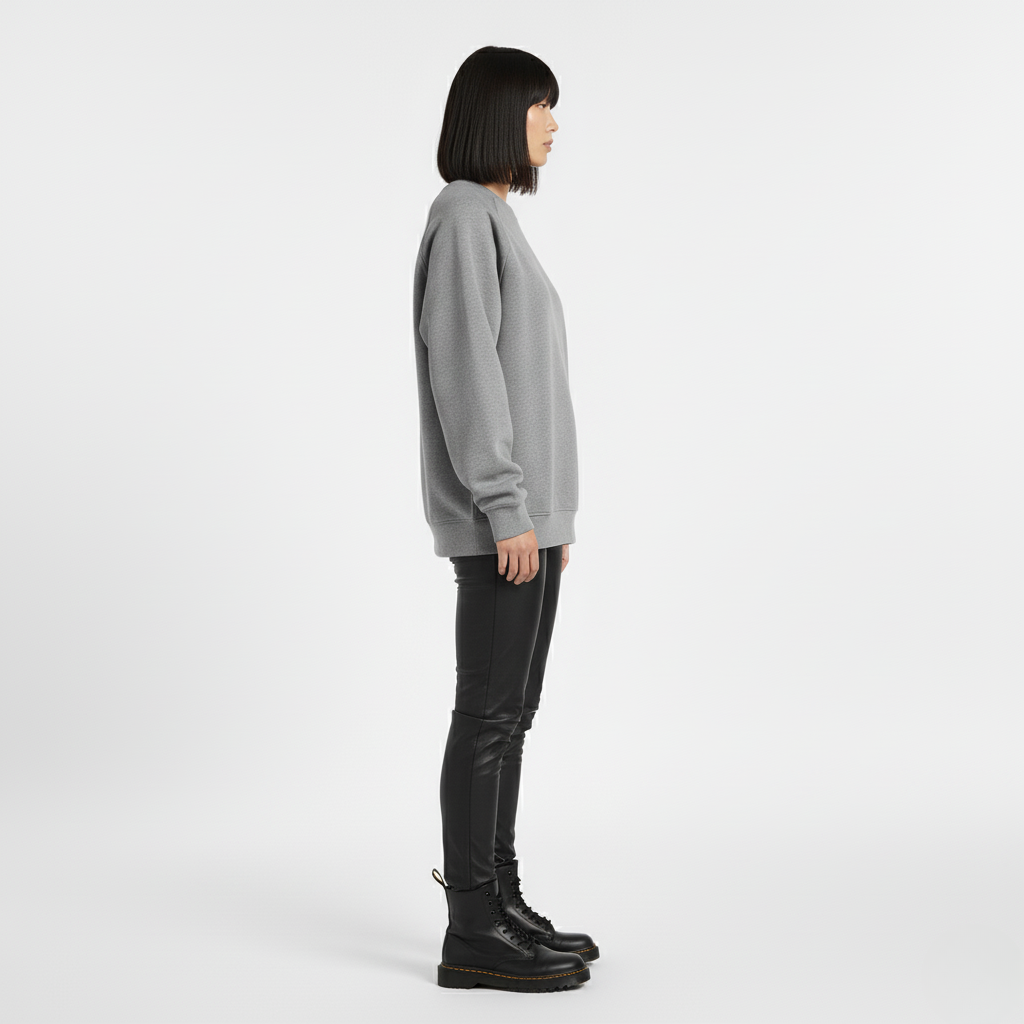 Side view of a woman in an oversized grey crew neck sweatshirt