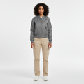 Front view of a grey zip up bomber jacket with ribbed collar and cuffs