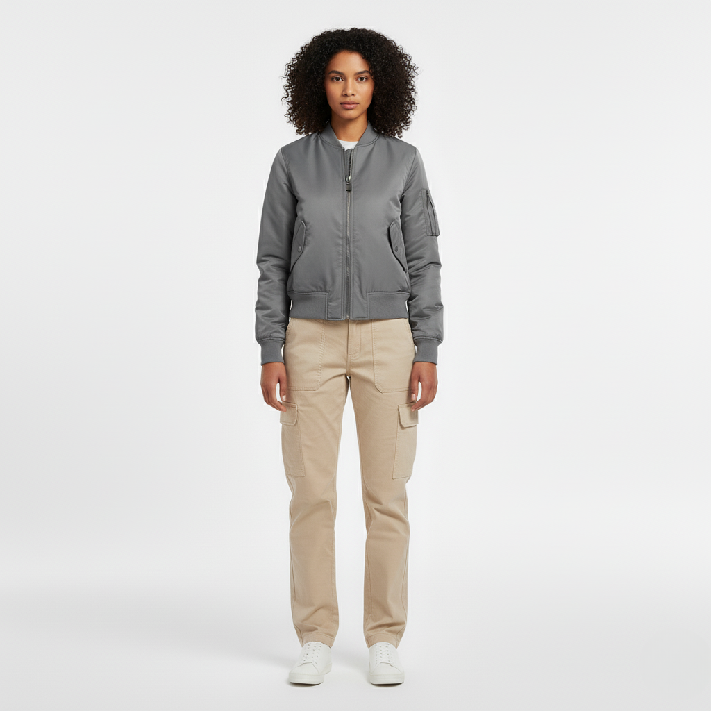 Front view of a grey zip up bomber jacket with ribbed collar and cuffs