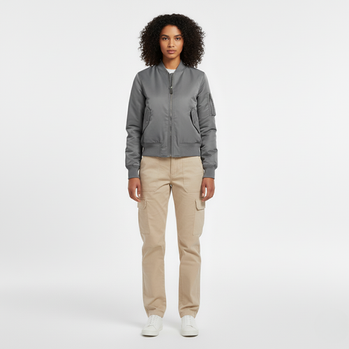 Front view of a grey zip up bomber jacket with ribbed collar and cuffs