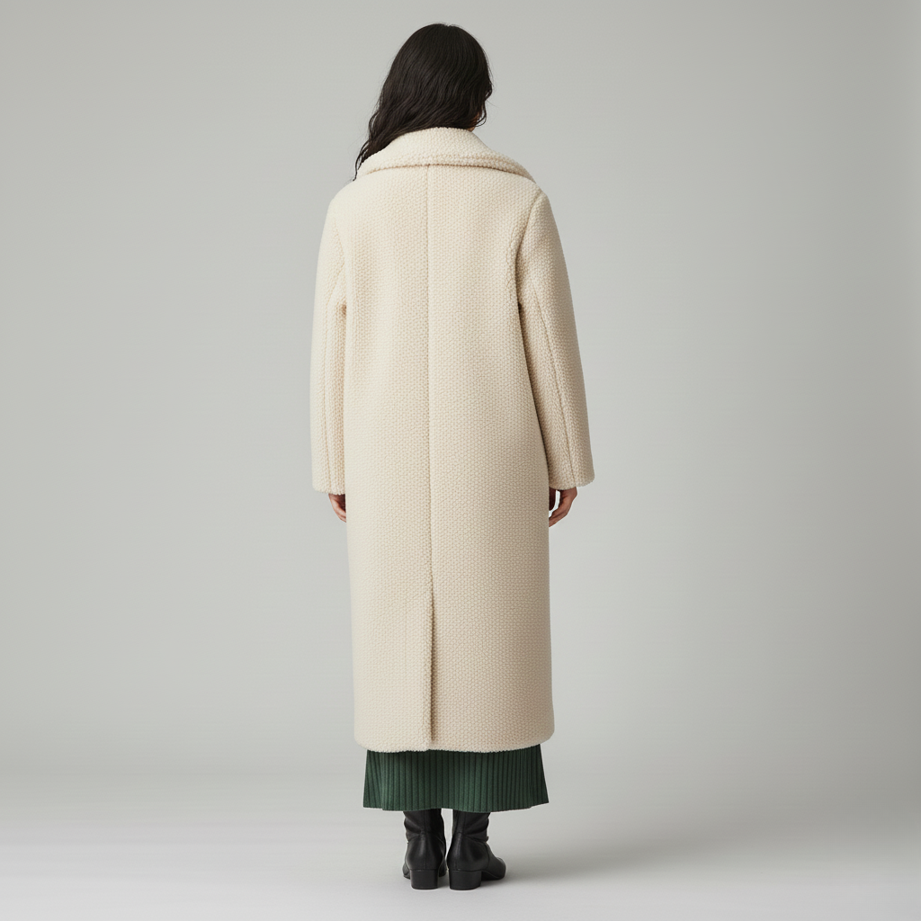 Back view of a long cream teddy coat with a wide collar and centre back seam