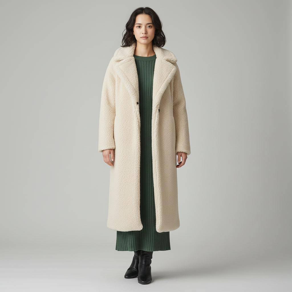 Long cream teddy coat worn open over a green ribbed knit dress, front view