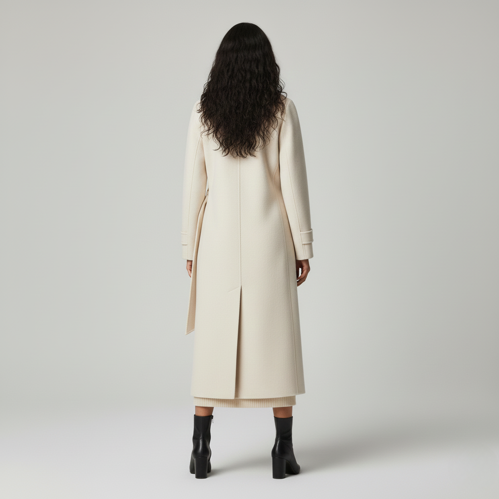 Back view of a long cream wool coat with a centre back vent