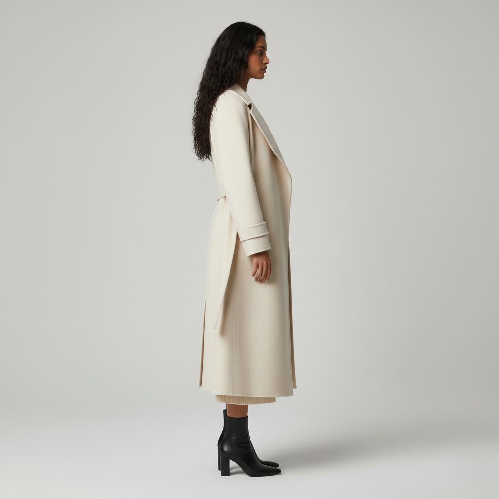 Long cream wrap coat with belt seen from the side