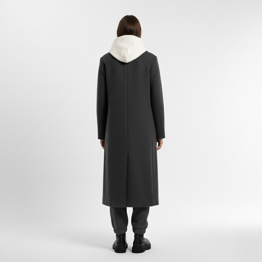 Back view of a long dark grey coat with a centre back seam and back vent