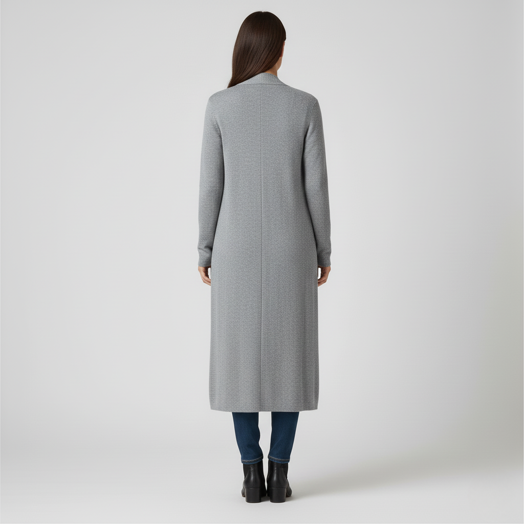 Long grey open cardigan reaching below the knee, seen from the back