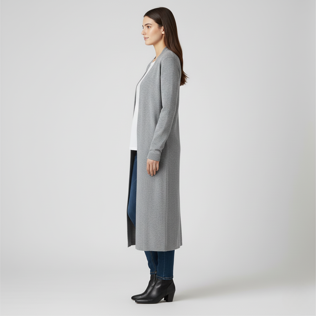 Side view of a long grey open front cardigan with ribbed cuffs