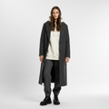 Front view of a long grey wool coat with notched lapels, worn open