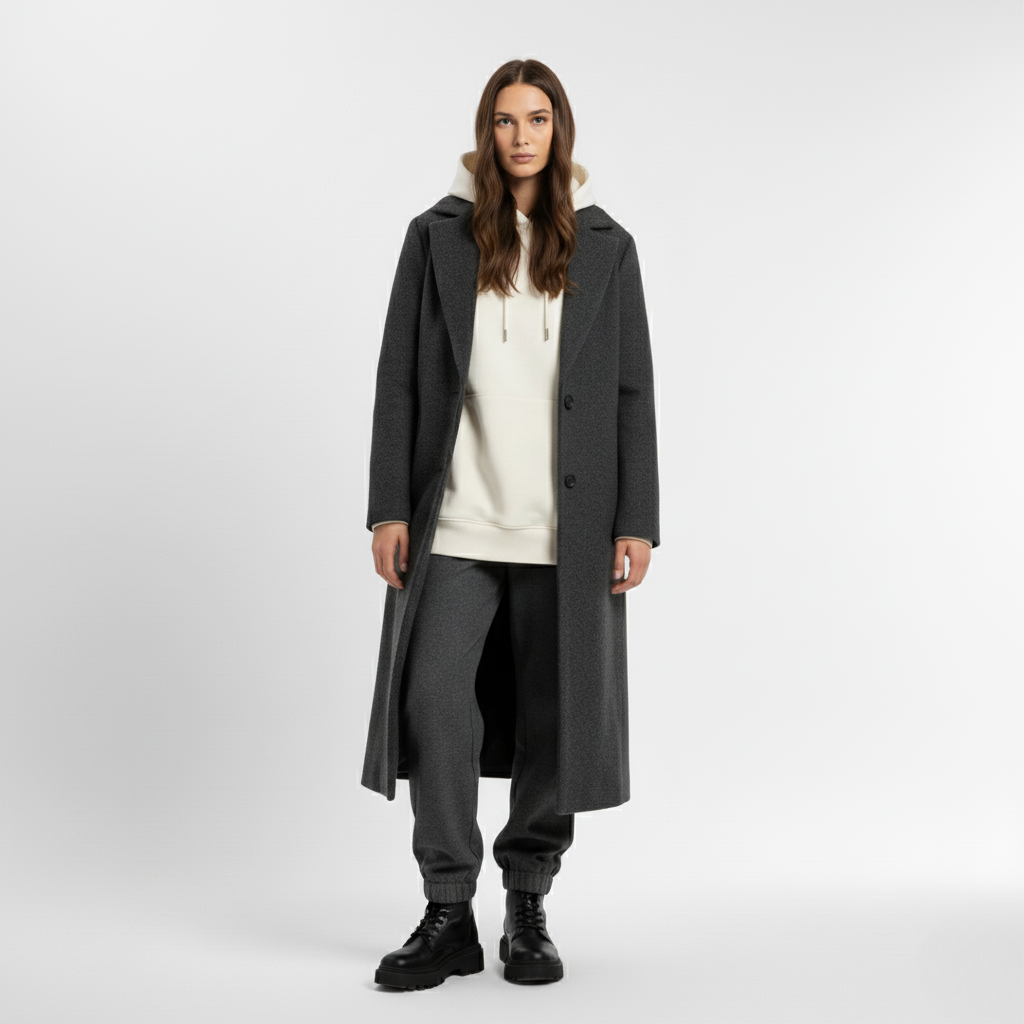 Front view of a long grey wool coat with notched lapels, worn open