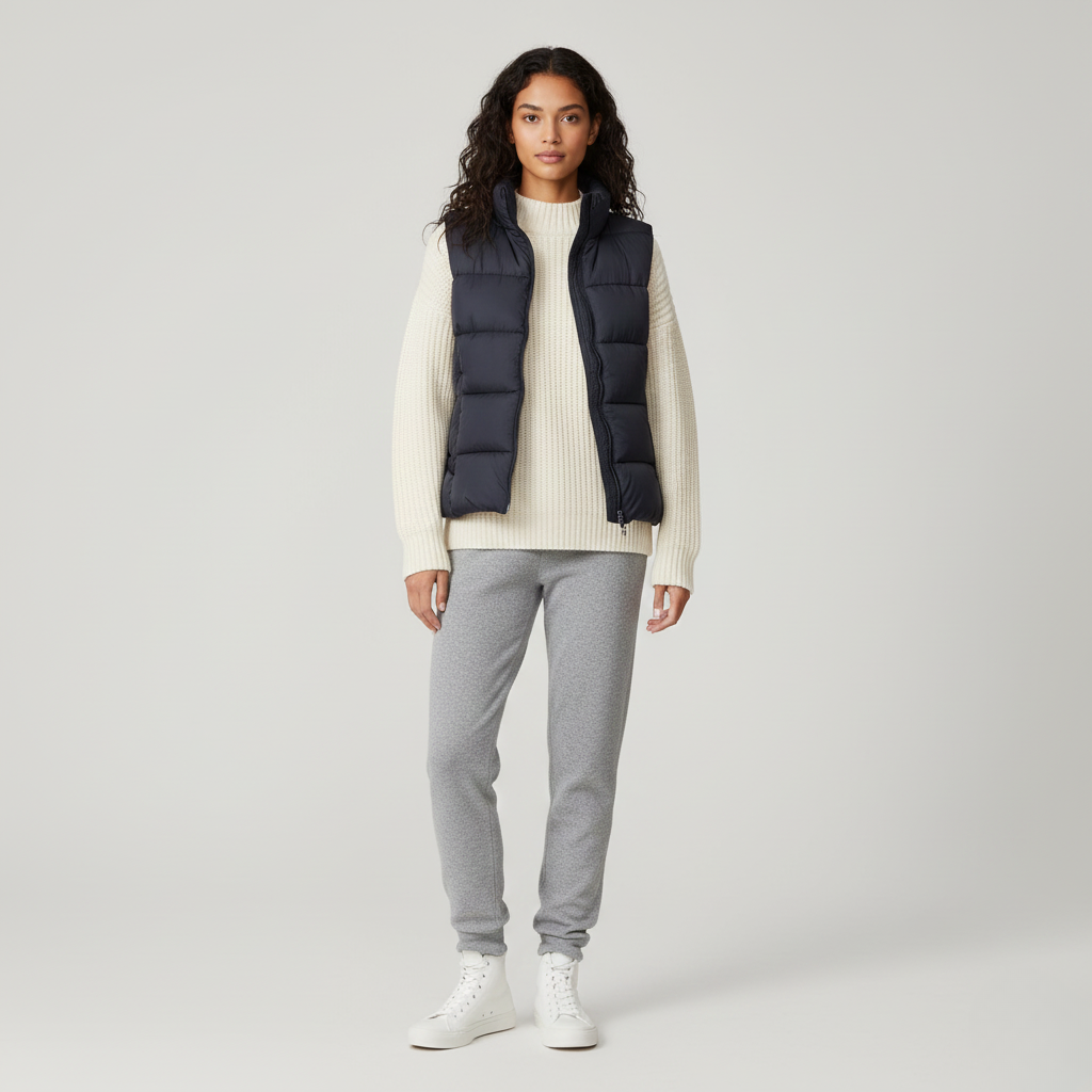 Navy padded gilet with stand collar worn open over a cream knit, front view