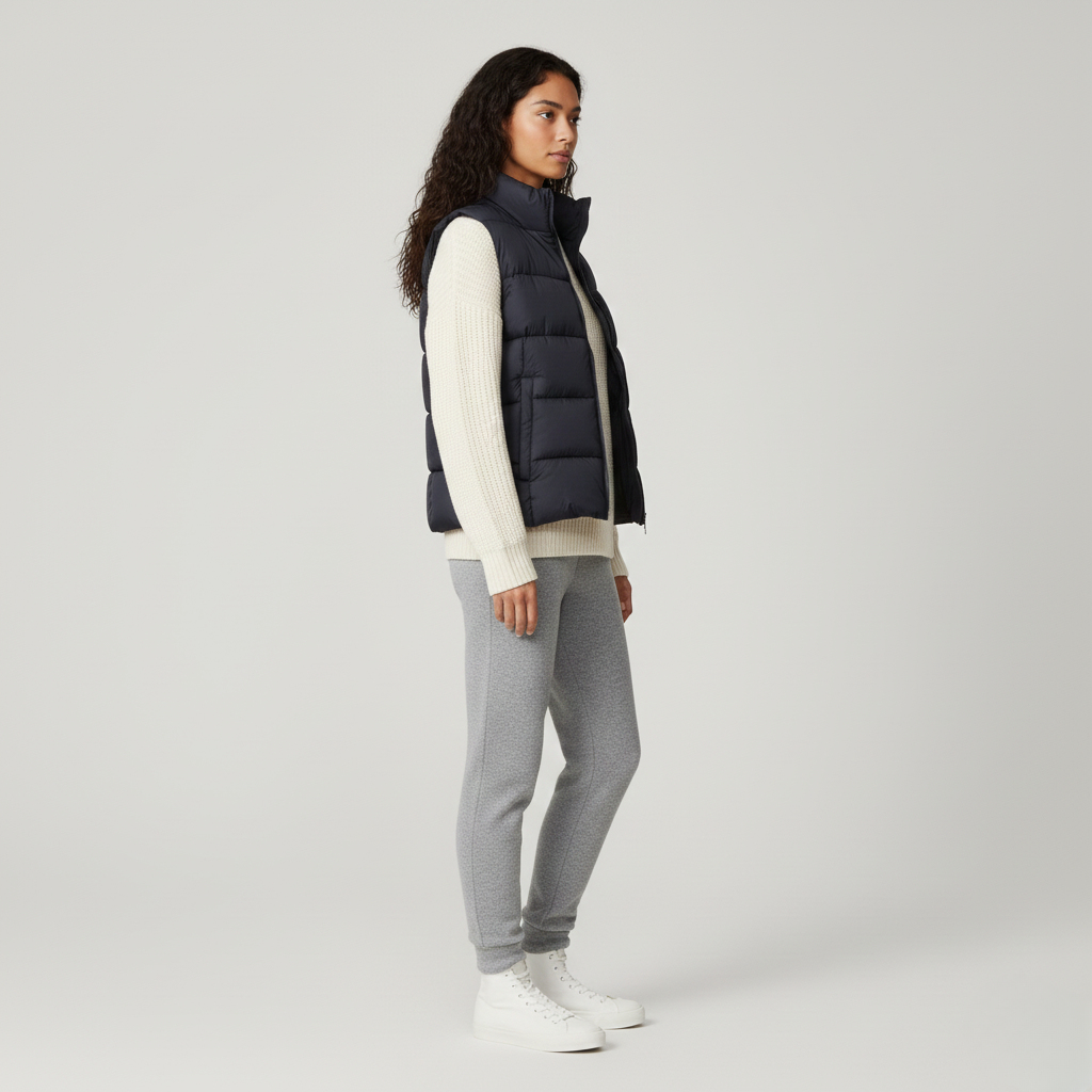 Side view of a woman in a navy quilted down vest worn over a cream knit jumper