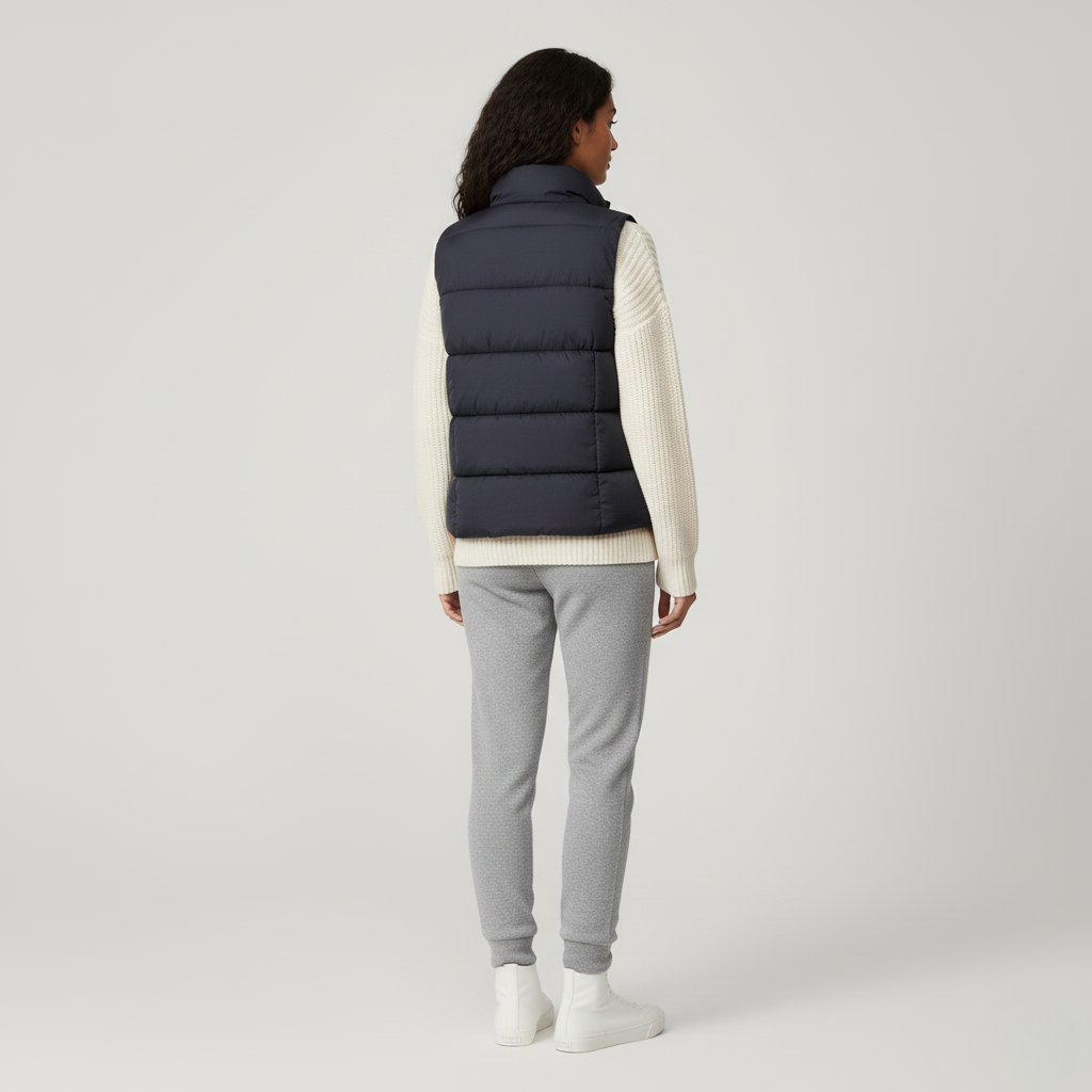 Back view of a navy quilted padded gilet worn over a cream knit jumper