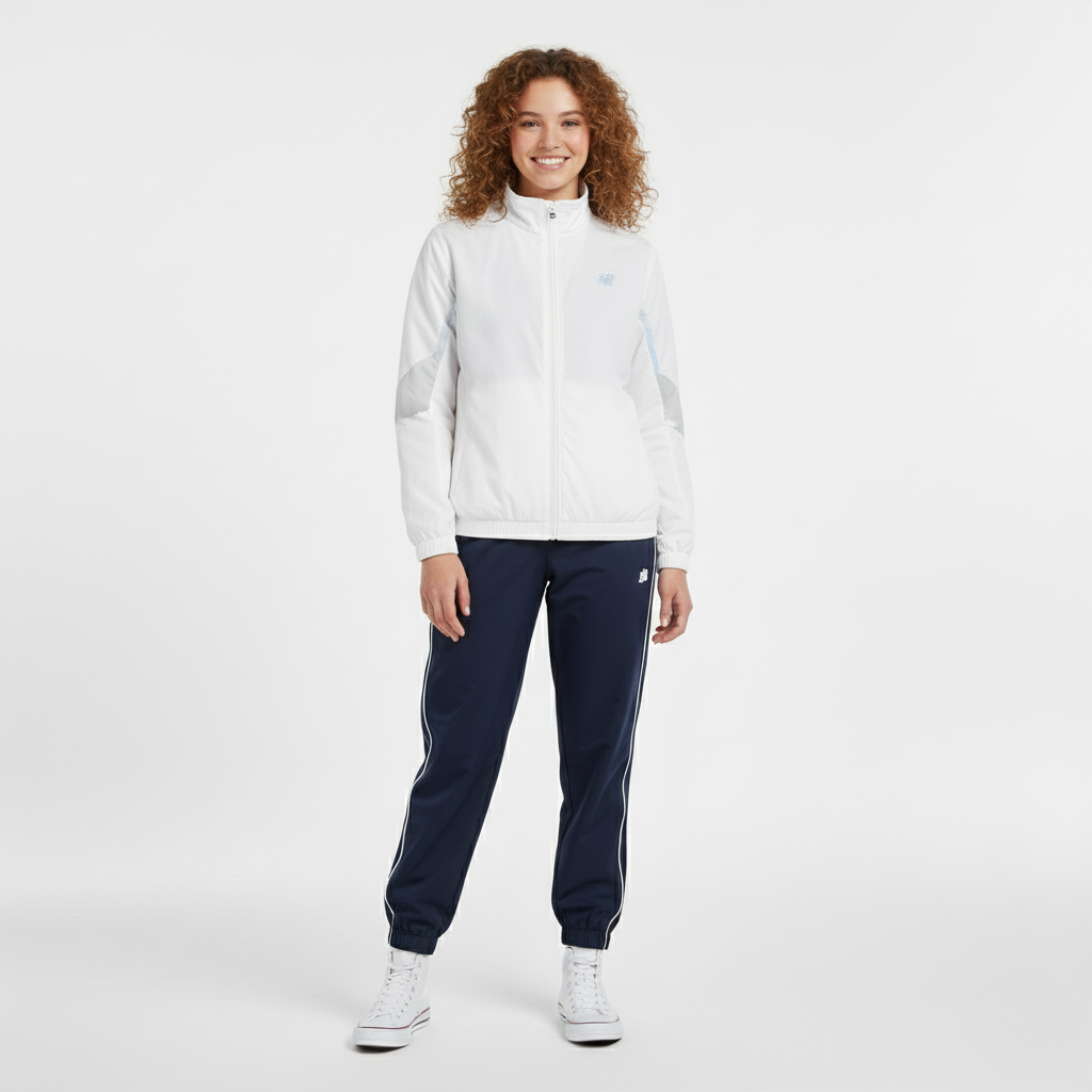 Front view of a white zip up track jacket with panelled sleeves