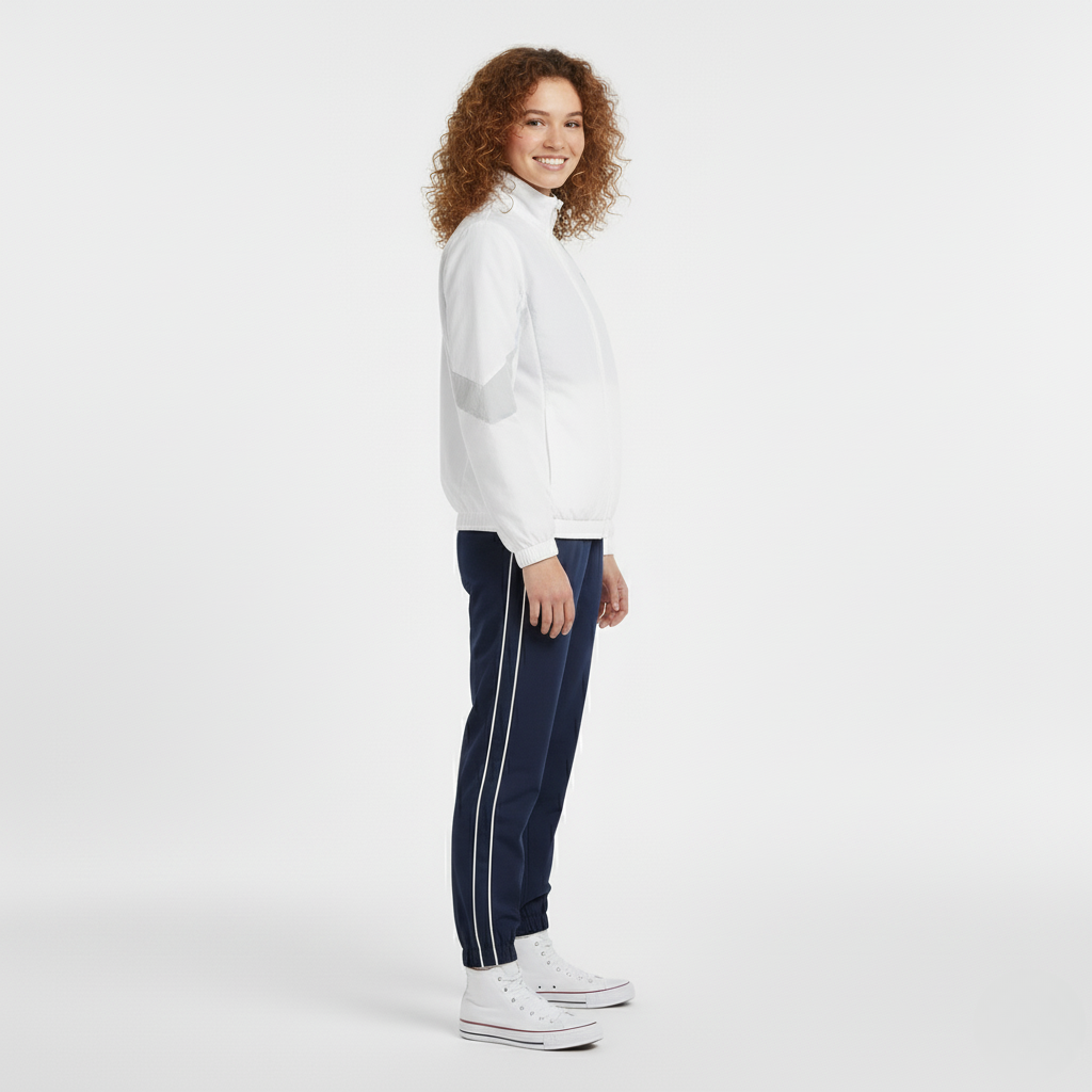 Side view of a white zip up track jacket with a stand collar